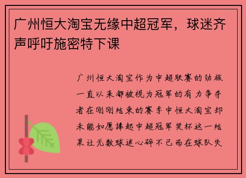 广州恒大淘宝无缘中超冠军，球迷齐声呼吁施密特下课