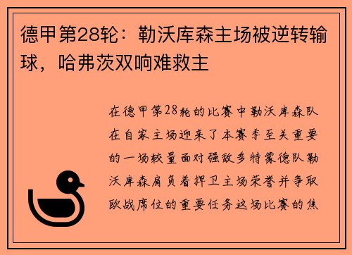 德甲第28轮：勒沃库森主场被逆转输球，哈弗茨双响难救主