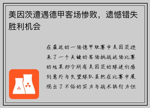 美因茨遭遇德甲客场惨败，遗憾错失胜利机会