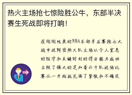 热火主场抢七惊险胜公牛，东部半决赛生死战即将打响！