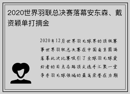 2020世界羽联总决赛落幕安东森、戴资颖单打摘金