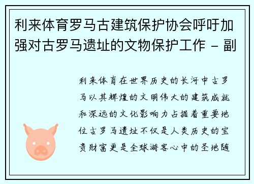 利来体育罗马古建筑保护协会呼吁加强对古罗马遗址的文物保护工作 - 副本