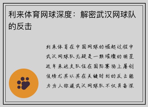 利来体育网球深度：解密武汉网球队的反击