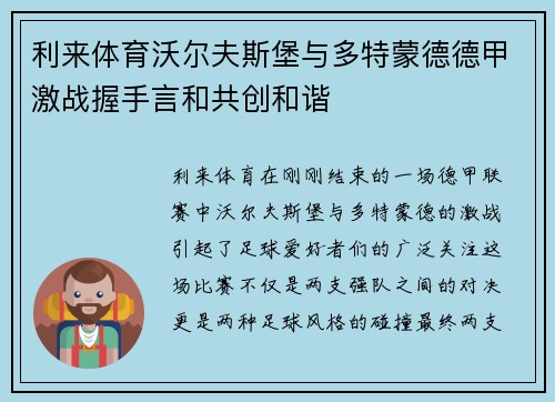 利来体育沃尔夫斯堡与多特蒙德德甲激战握手言和共创和谐